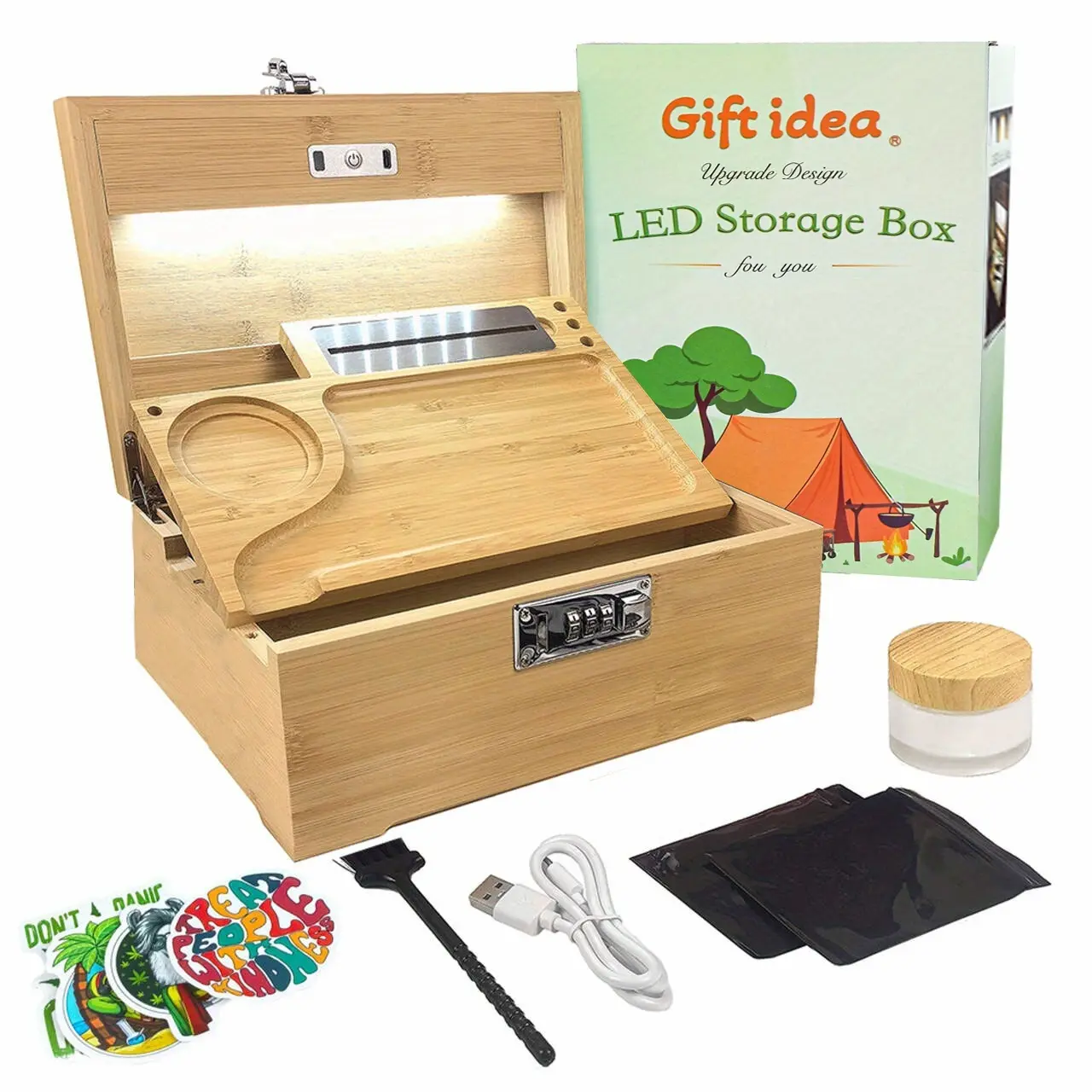 Shomory Bamboo LED Storage Box with Locking Rolling Tray & Combination Lock - Smell-Proof Multi-Functional Furniture Cabinet, - with Removable Dividers, Lithium - System for /Office/Gift, Storage Boxes for Organizing