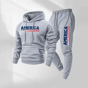 Men's America Letter Printed Hoodie and Drawstring Sweatpants Set, Menswear, Casual Athletic Long Sleeve Hooded Jacket & Trousers for Fall & Winter, Men's Clothing for Daily Wear, Sportswear Indoor Outdoor, Tracksuit, Athleisure Summer Clothes