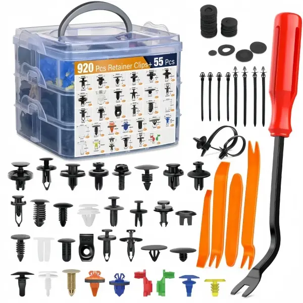 975PcsUniversal Auto Retainer Clip Kit — Includes 26 sizes & removal tool. Fits 99% of vehicles.  Loose parts. panel removal plier repair kit removable clip repair power tool installation tool powertools, mechanic gift Tool Bit Kit