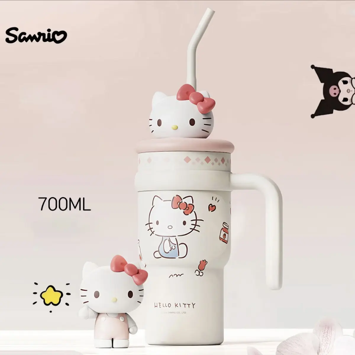 MINISO Large Capacity Hello Kitty 700ml Insulated Tumbler with StrawStainless Steel Vacuum Coffee MugLeakproof Water Bottle for OfficeHome,Cute Sanrio Character Cup forStudents