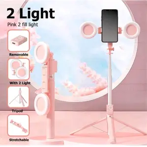 Selfie Stick Combo with 2 Pink Fill Lights 67" Phone Tripod & Wireless Bluetooth Remote for iPhone iPad iOS Android Cordless Lightweight Portable Aluminum Alloy Stabilized Selfie Stick with Fill-in Light Detachable Extendable Compact Smartphone Cellphone