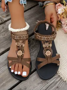 Women's Fashionable Flower Decorated Platform Sandals, Casual Comfortable Wedge Sandals for Beach, Fashionable Shoes for Daily Wear, Girl, Low Wedges, Affordable Sandals, Floral Design Sandals