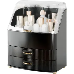 Black Plastic Modern Countertop Makeup Organizer Boxes with Transparent Lid Drawers, Waterproof, Dustproof, for Women’s Cosmetics & Skincare, Ideal Bathroom Storage & Home Organizer Gift