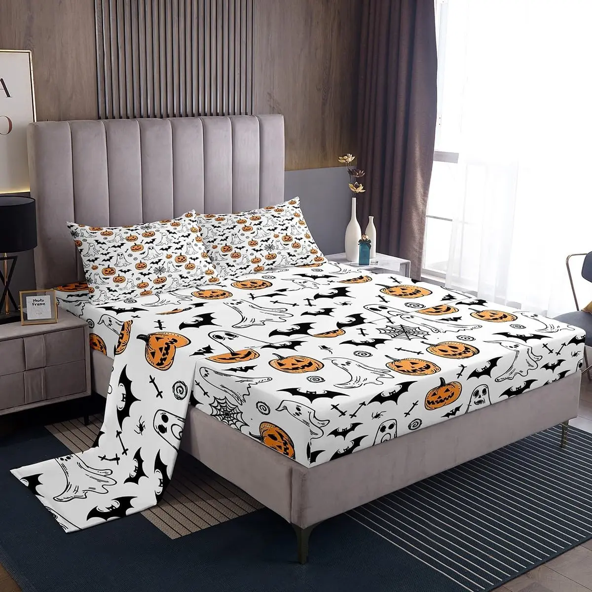 Feelyou Halloween Bedsheet Sets - Multi-Size Bedding Set with Ghost, Pumpkin, Spider Prints, Deep-Pocket Fitted Sheet, Breathable Linens for Kids' Beds, White Room Decor