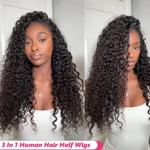 【3 In 1 Half Wig】Deep Wave Half Wig Human Hair 180% Density Wear And Go Glueless Wigs Human Hair 24 Inch 3 In 1 Half Wigs for Women Drawstring Seamless Flip Headband Wig Beginner Friendly