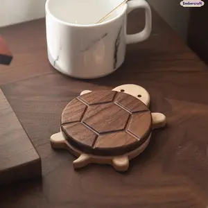 Turtle Wooden Coaster, Cute Aesthetic Coffee Cup Holder for Desk & Dining Table, Heat Resistant Solid Wood Drink Mat for Cottagecore Kitchen & Cozy Room Decor