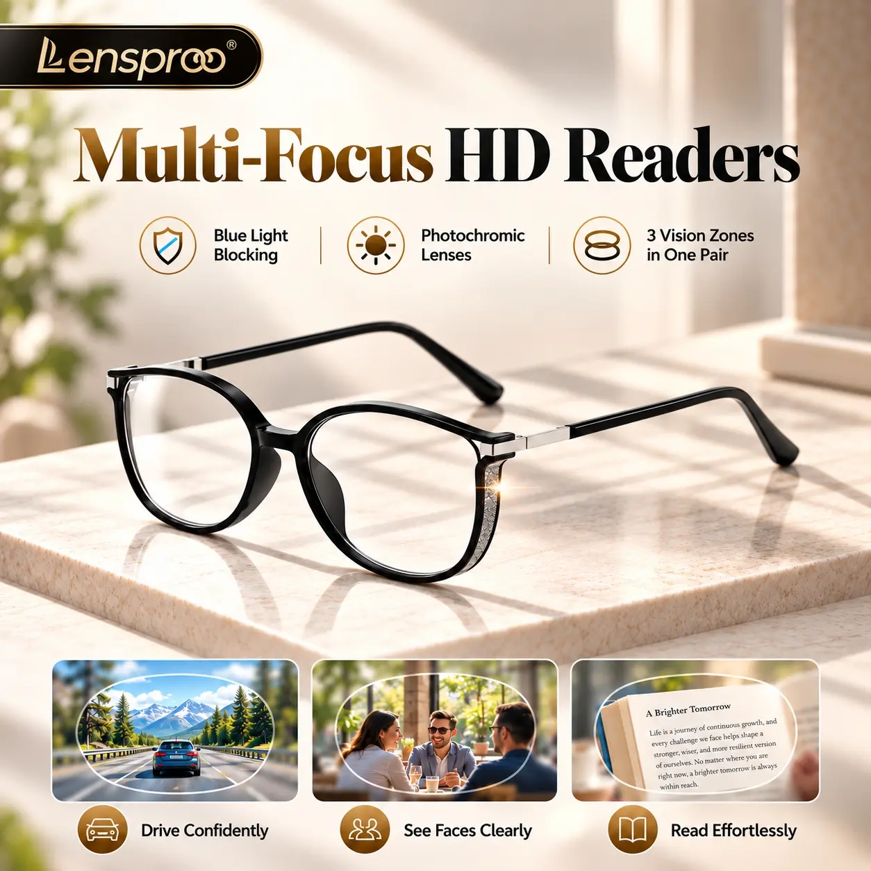 Photochromic Progressive Reading Glasses for Men and Women, Multifocal Lenses with Clear Upper Viewing Area, Square Full-Rim Design, Sparkling Side Accents, Black or Brown