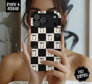 Black Checkered Bow Phone Case, Cute Phone Cover Mag Safe Compatible, Magnetic Tough Cases
