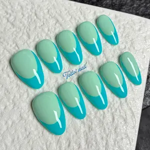 Color Block French Handmade Press-On Nails, Long Almond Shape, 10pcs, Fresh Retro Style, Multiple Color Options with Contrast French Tips, High Gloss Finish, Reusable DIY Nail Kit for Spring, Nail Tips Art, Nail Art Accessories