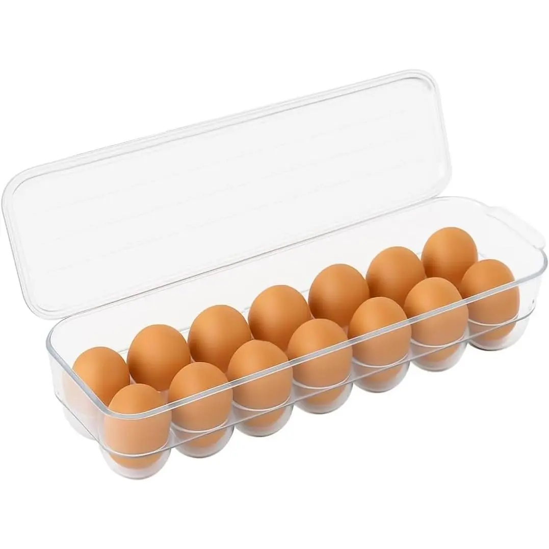 Egg Holder for Refrigerator with Lid - Clear Plastic Egg Storage Container for 14 Eggs, Stackable Fridge Organizer Tray for Fresh Egg Storage,  Bin