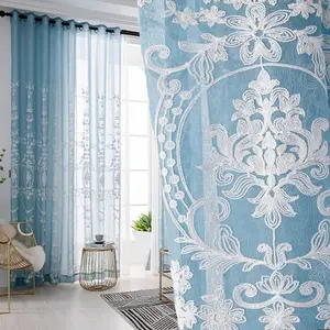 1pc Blue Embroidered Curtain, Top Loop Hanging, Suitable for Living Room Bedroom Dining Room Home Decor, Casual Style Drapes, Decorative Curtains