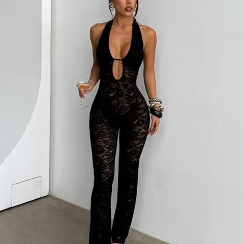 Lace Halter Jumpsuit, Halter Neck Jumpsuit, Elegant Chic Feminine Elegance One-Piece, Perfect for Parties & Events, Comfortable and Stylish Design, Women's Fashion Clothing, Lady