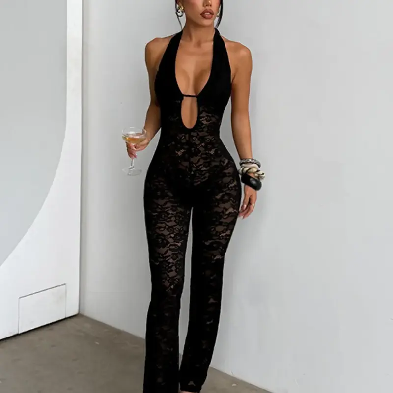 Lace Halter Jumpsuit, Halter Neck Jumpsuit, Elegant Chic Feminine Elegance One-Piece, Perfect for Parties & Events, Comfortable and Stylish Design, Women's Fashion Clothing, Lady