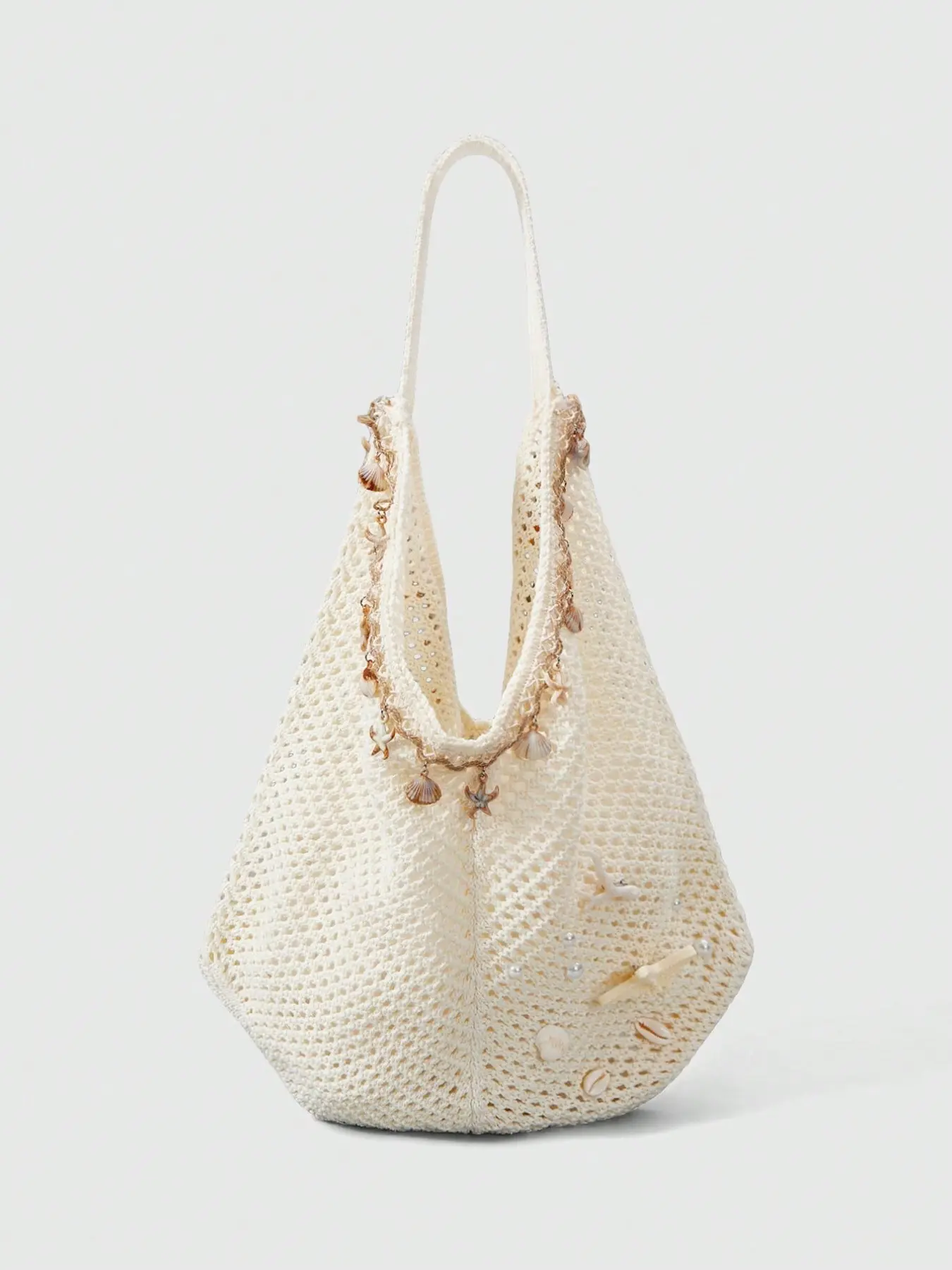 Boho Style Handwoven Crochet Shoulder Bag, Multifunctional Large Capacity, Starfish Shell Coral Pearl Design, Perfect for Travel Shopping Social Events, Casual Crossbody Bag