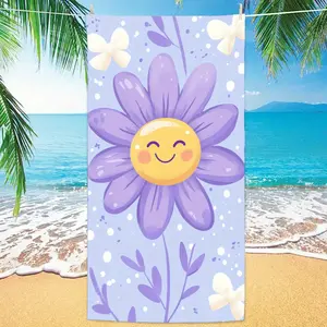 1pc Adorable Purple Flower - Smile Beach Towel - 30*60inch, Super Absorbent & Quick-drying Swimming Towel - For Beach Lovers & Outdoor Enthusiasts - Suitable for Beach, Swimming, Camping & Travel - Perfect Gift for Summer