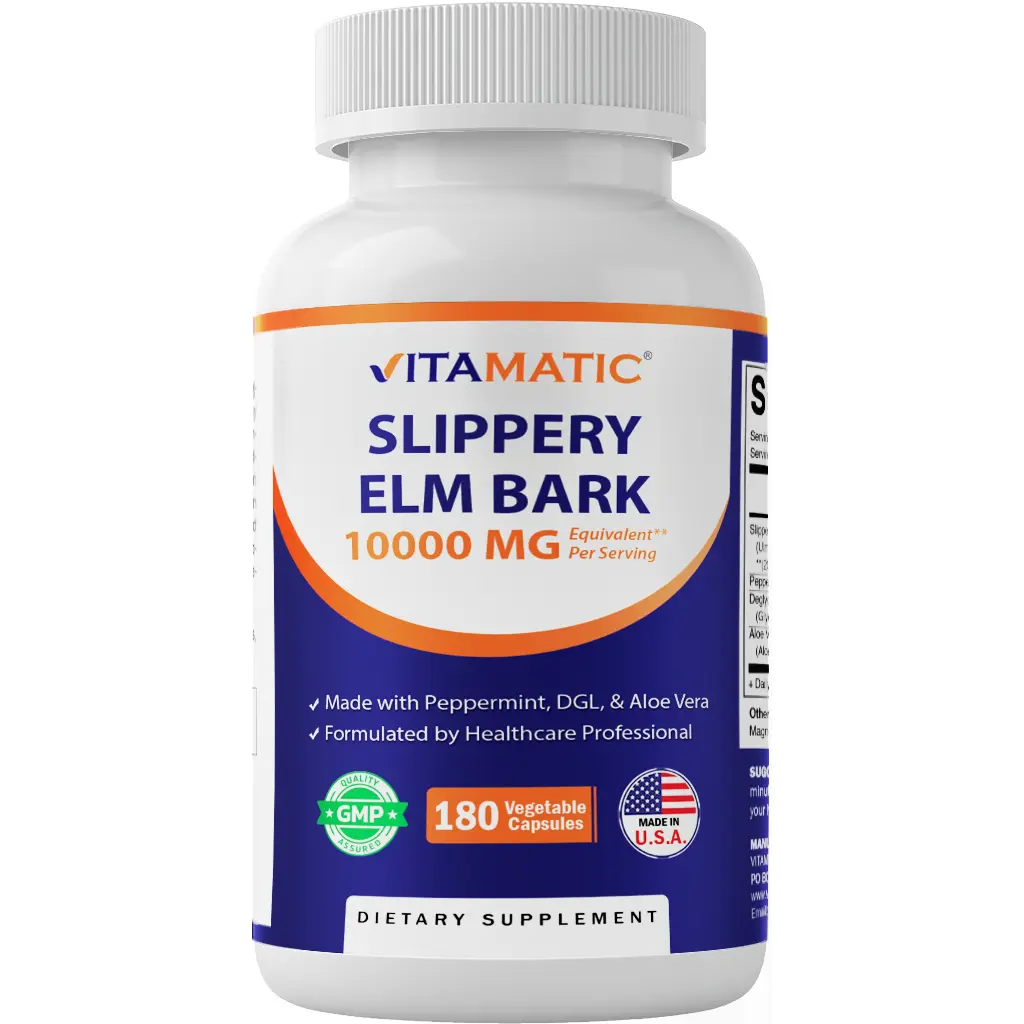 Vitamatic Slippery Elm Bark 20:1 Extract Dietary Supplement Capsules with Magnesium, Peppermint, DGL, Aloe Vera - 10,000 mg Equivalent Strength Per Serving, 180 Vegetarian Capsules for Digestion Support