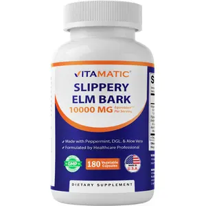 Vitamatic Slippery Elm Bark 20:1 Extract Dietary Digestion Healthcare Supplement, 10000 mg Equivalent Strength Per Serving, with Peppermint, DGL & Aloe Vera, 180 Vegetarian Vitamins Supplements Veg Capsules