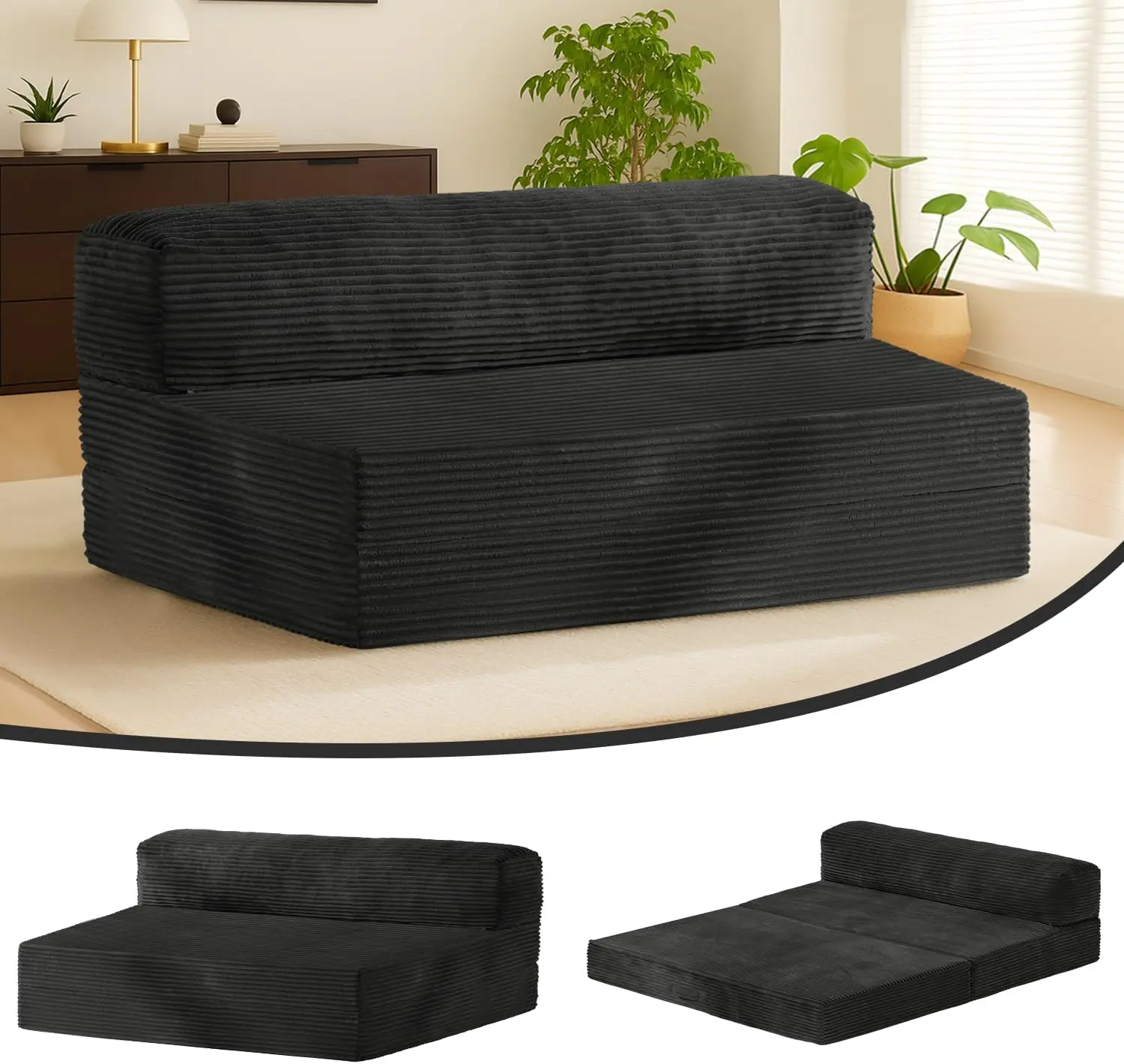 WINZOO Full Size Foldable Couch - 6-in Thick Corduroy Fluffy Futon, Convertible Loveseat Couch Bed Chaise with Removable Cover, High-Density Foam Pull-Out Indoor Furniture for Small Room Ideas, Corduroy Fluffy Sofa