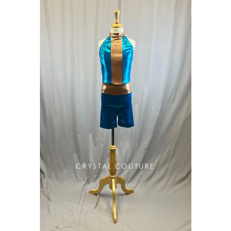 *Brand New* Blue and Bronze Metallic Biketard with High Neck