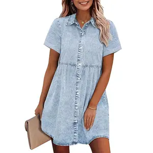 GRAPENT Denim Dress for Women Babydoll Tiered Short Sleeve Button Down Jean Shirt Dresses