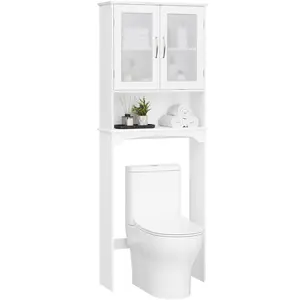 Costoffs Modern Over-The-Toilet Storage Cabinet – Adjustable Bathroom Shelf with Tempered Glass Doors, Open Shelf, and White