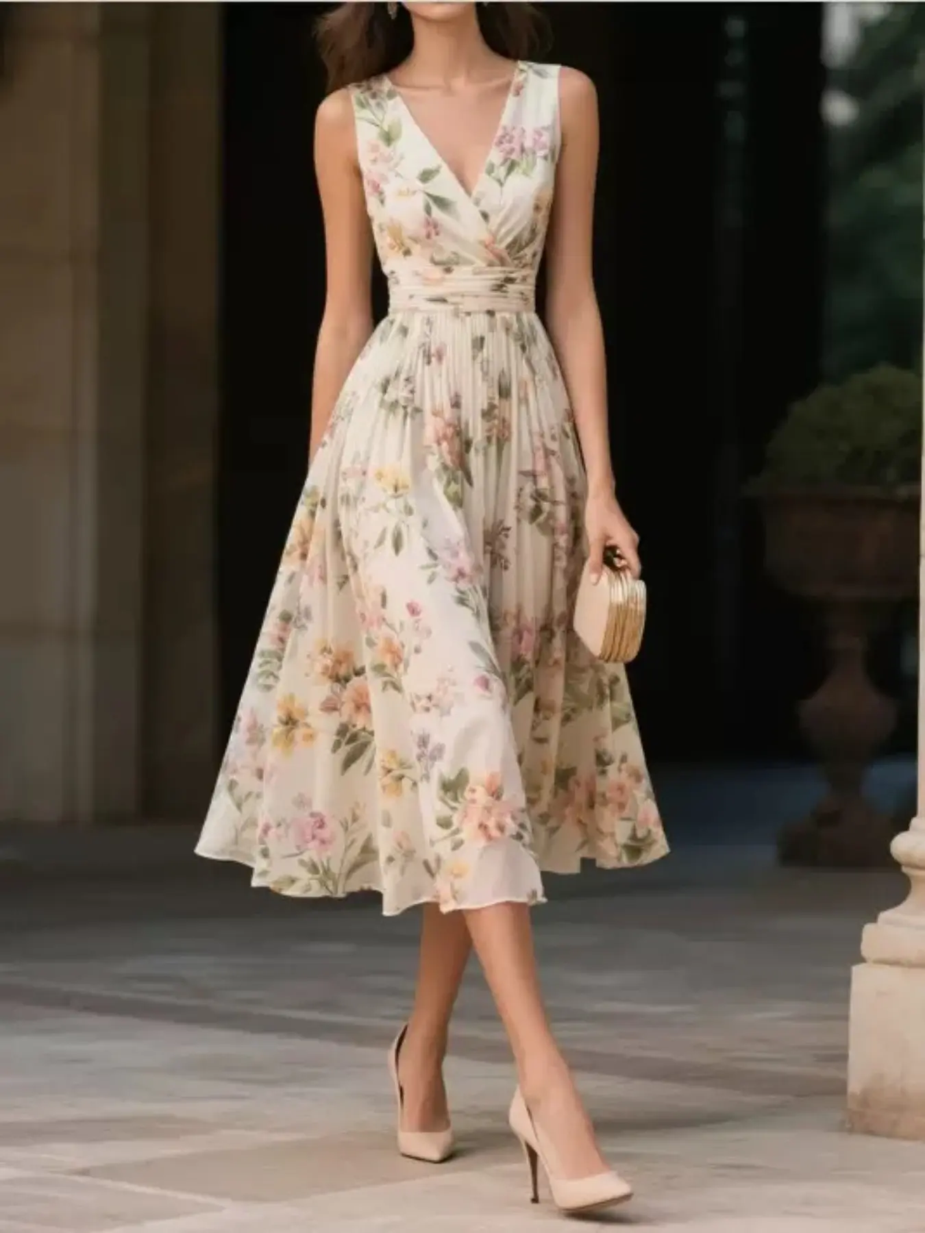 Elegant Ruched Floral Print Chiffon V-Neck Sleeveless A-Line Slim Fit Midi Dress, Lightweight Women's Fashionable Summer Dress, Boho Style Dresses, Boho Floral Dress, Lady Womenswear, Casual Dress Style, Boho Styles Fashion