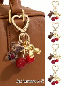 Teddy Bear Keychain with Cherry and Bubble Letters A-Z, Cute Bear Pendant for Bags, Backpacks, Gym, Classroom, Daily Use, Gift, Key Charms