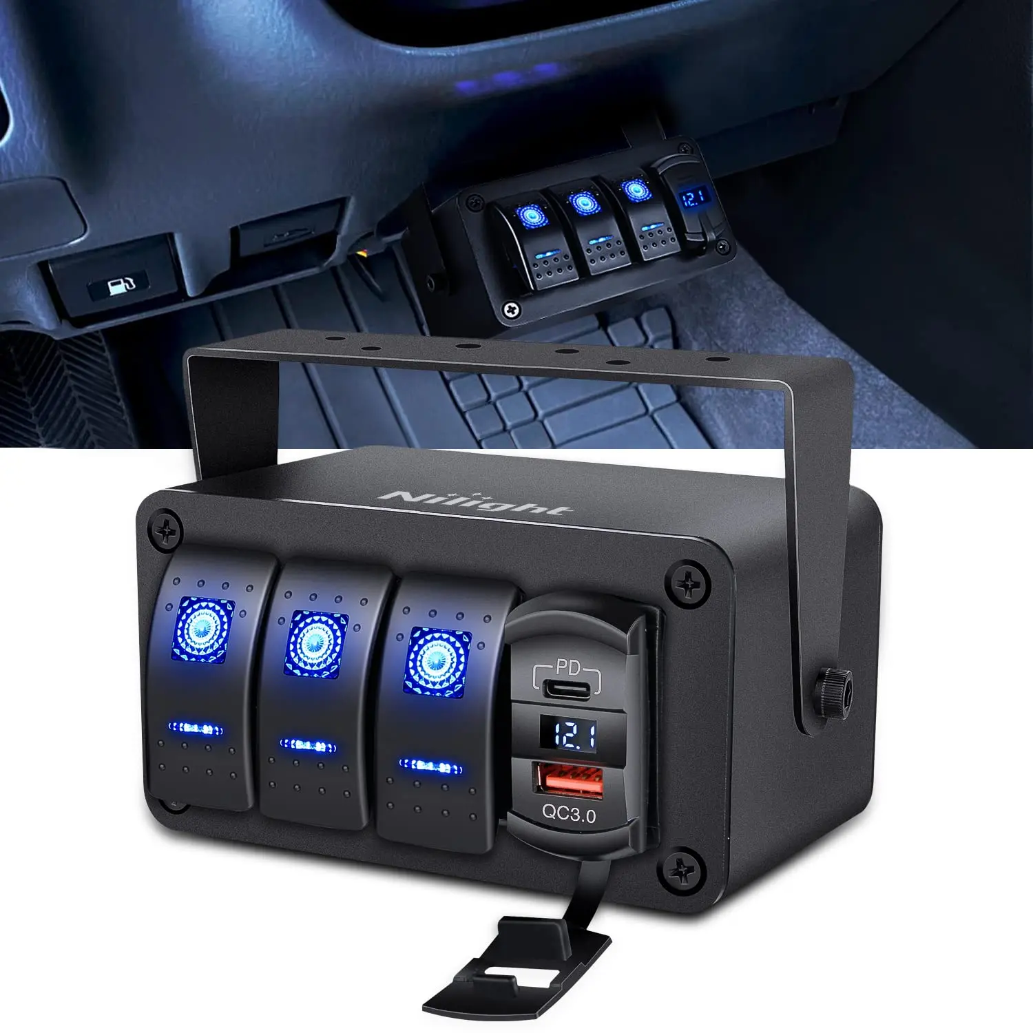 3-Gang Aluminum Waterproof Rocker Switch Panel - Blue Backlit, 5 Pin Switch, PD Type-C & USB Charging Ports, Voltmeter, 12V-24V DC, 1x Night Glow Stickers, 2-Year Warranty, Blue/Black for Cars, Yachts, Off Road Lights