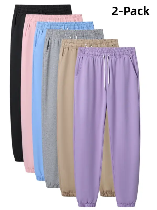 Women's Drawstring Jogger Sweatpants 2-Pack Elastic High Waist Cuffed Athletic Tapered Pants Multi Solid Colors Great Value Soft Stretch Breathable Loose Fit for Home Loungewear Gym Workout Daily Casual Street Wear