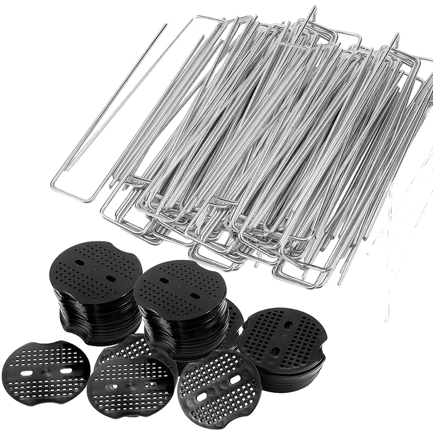Landscape Staples and Gaskets 100 Pack - 6" Galvanized Steel Garden Staples 11 Gauge with Black Pads for Securing Weed Barrier Fabric Artificial Grass