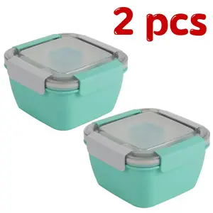 52 oz Green 3-Compartment BPA-Free Salad Container | Leak-Proof Stackable Bento Box with Sauce Cup and Fork for Lunch