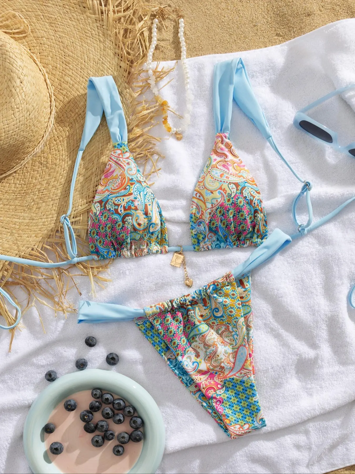 Women's Patchwork Print Bikini Set, Swimwear Sets, Casual Adjustable Strap Tie Back Swim Top & Swim Bottom, Women's Swimsuit for Summer Beach Vacation, Floral Print Bikinis, Bikini Beach Wear, Bikini Swimsuit Outfit