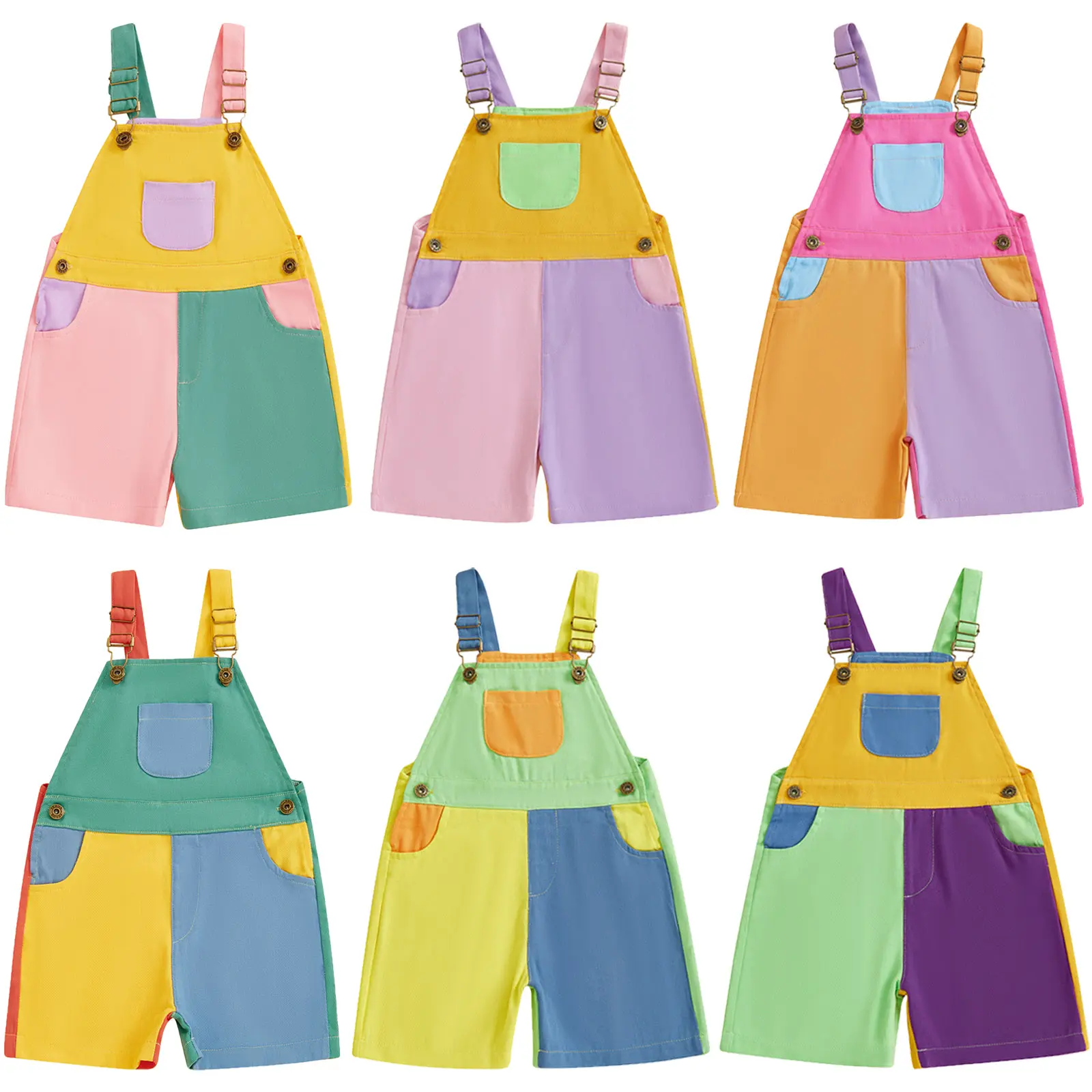 PYBCVRRD Cotton 90's Style Toddler Overalls - Adjustable Straps, Patchwork Dopamine Color, Loose Suspender Shorts Romper for 6-12 Months, 6 Months-3 Years, 3-4 Years Kids Clothing Girls (Summer Wear)