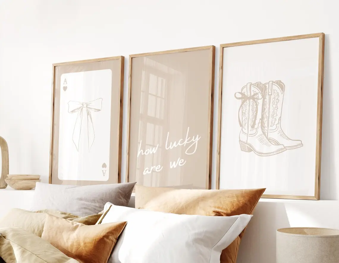 Neutral How Lucky Are We Set of 3 Posters, Coastal Cowgirl Print, Girly Western Wall Art, Bow Boots, Cute Apartment Aesthetic, Trendy Set of 3