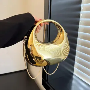 [Trendy, Futuristic Gift] Golden Moon-shaped Acrylic Bag - Stylish Handbag with Silver-Plated Chain - Perfect for Evening Events