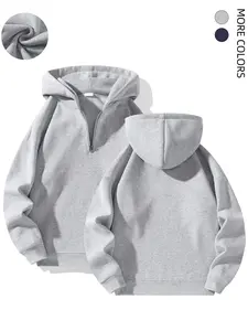 Men’s Plain Long-Sleeve Casual Half-Zip Pullover Hooded Fleece Sweatshirt - Menswear Tops for Couples Sports Use