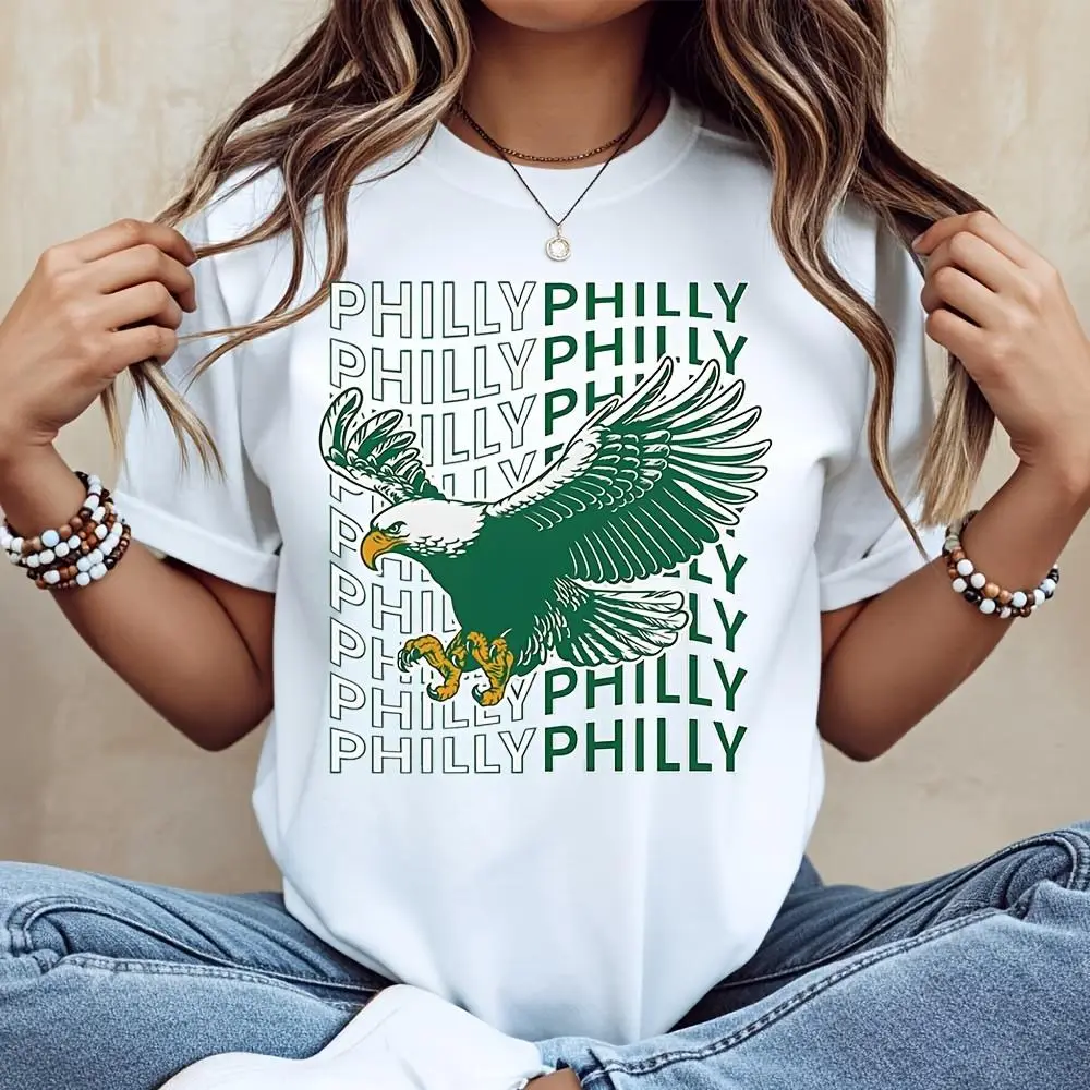 Philly Eagle Graphic Print T-Shirt, Philadelphia Sports Fan Apparel, Casual Daily Wear
