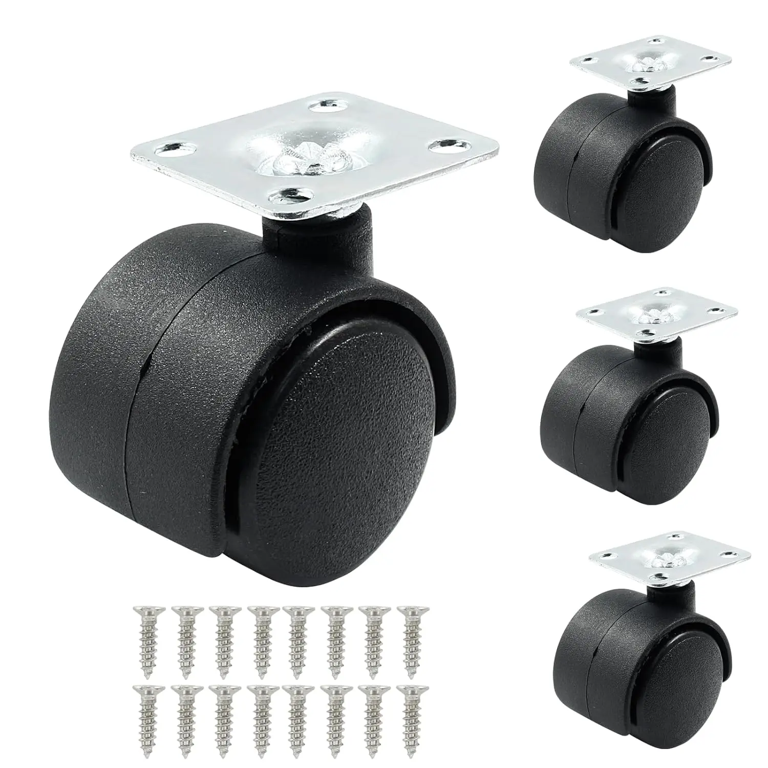 4 count 1 Inch Swivel Caster Wheels, Black Nylon Plate Caster Wheels, Heavy Duty Swivel Plate Casters Wheel Replacement for Furniture, Cart, Cabinet, Shelf