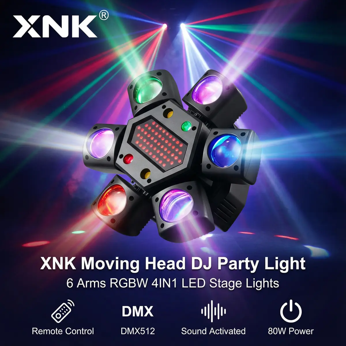 XNK 6-Arm Bee-Eye Moving Head DJ Light - RGB LEDs, RGBW Light Source, Red & Green Laser, DMX-512, Sound Activated, Super Bright LED for Home, Weddings, Clubs Commercial Lighting