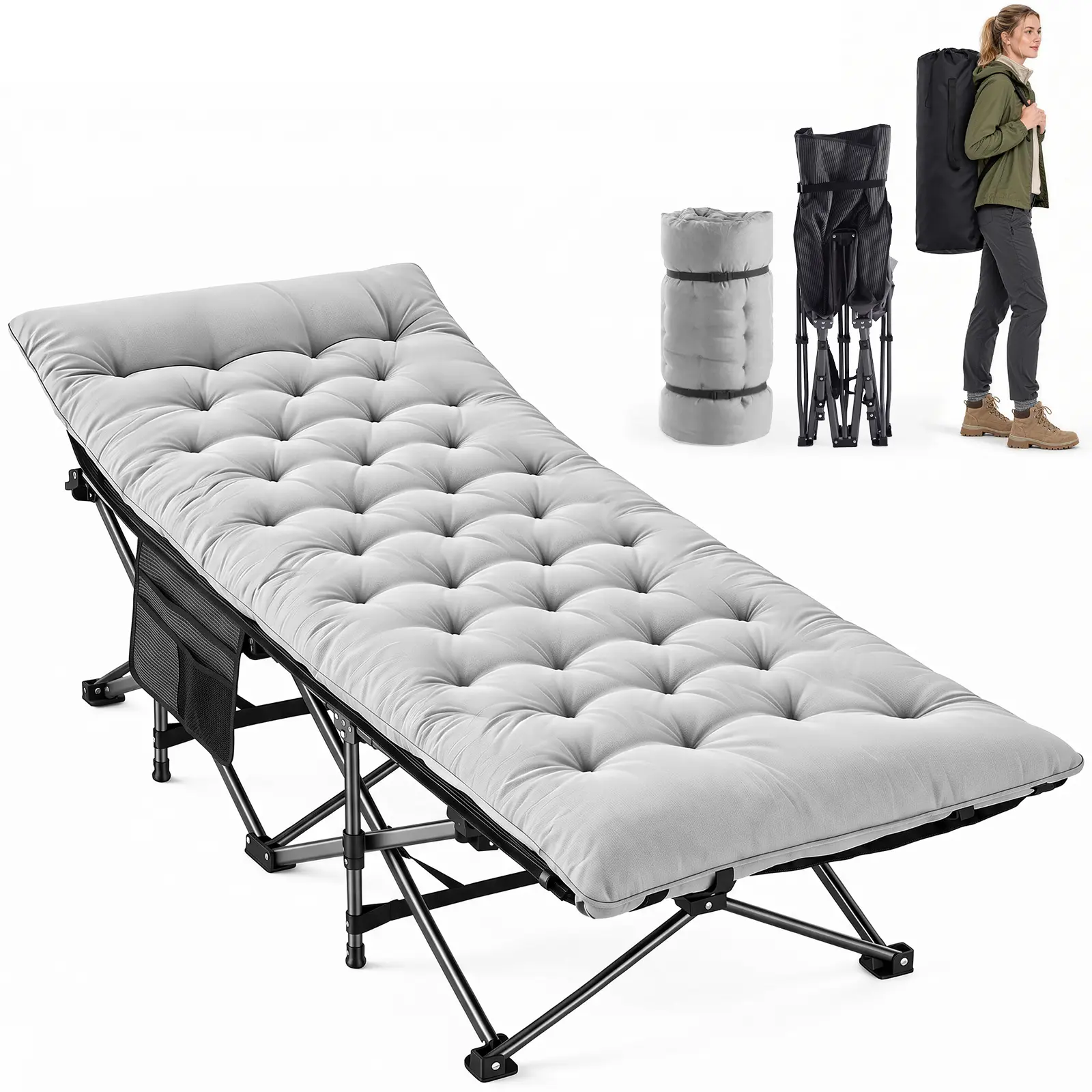 Heavy-Duty Steel Camping Cot for Adults, Extra Wide Portable Folding Bed with Removable Padded Mattress & Carry Bag, 500 lbs Capacity for Travel & Camping, Camping Accessories