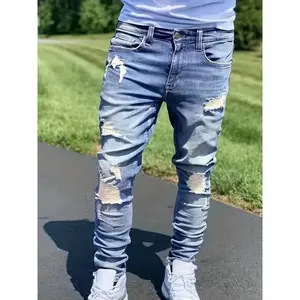 Men's Fashion ripped skinny jeans-cotton blend denim, medium stretch, mid waist, zipper fly, woven, all-season wear Men