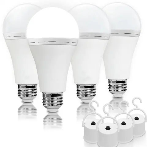 4-Pack Rechargeable Emergency LED Light Bulbs, A19 E26/E27 Base, 12W (60W Equivalent), 6000K Daylight, 120V 1200mAh Battery Powered, Portable Outdoor Hooks, Rechargeable Power Outage Backup Lighting for Home, Camping, Hurricane, Storm Emergency Recharge