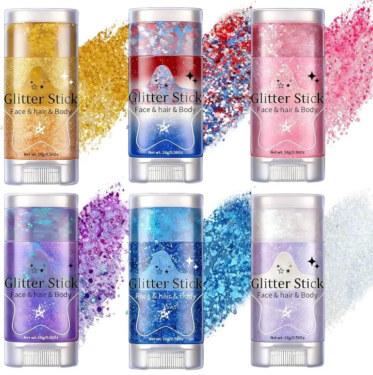 AROIC Body Glitter Stick - 6 Pack Red White and Blue Face & Hair Glitter with Chunky Sequins, 4th of July USA Rave Accessories Sparkling Face Paint with Fruit Scent for Festival Makeup Concert Party