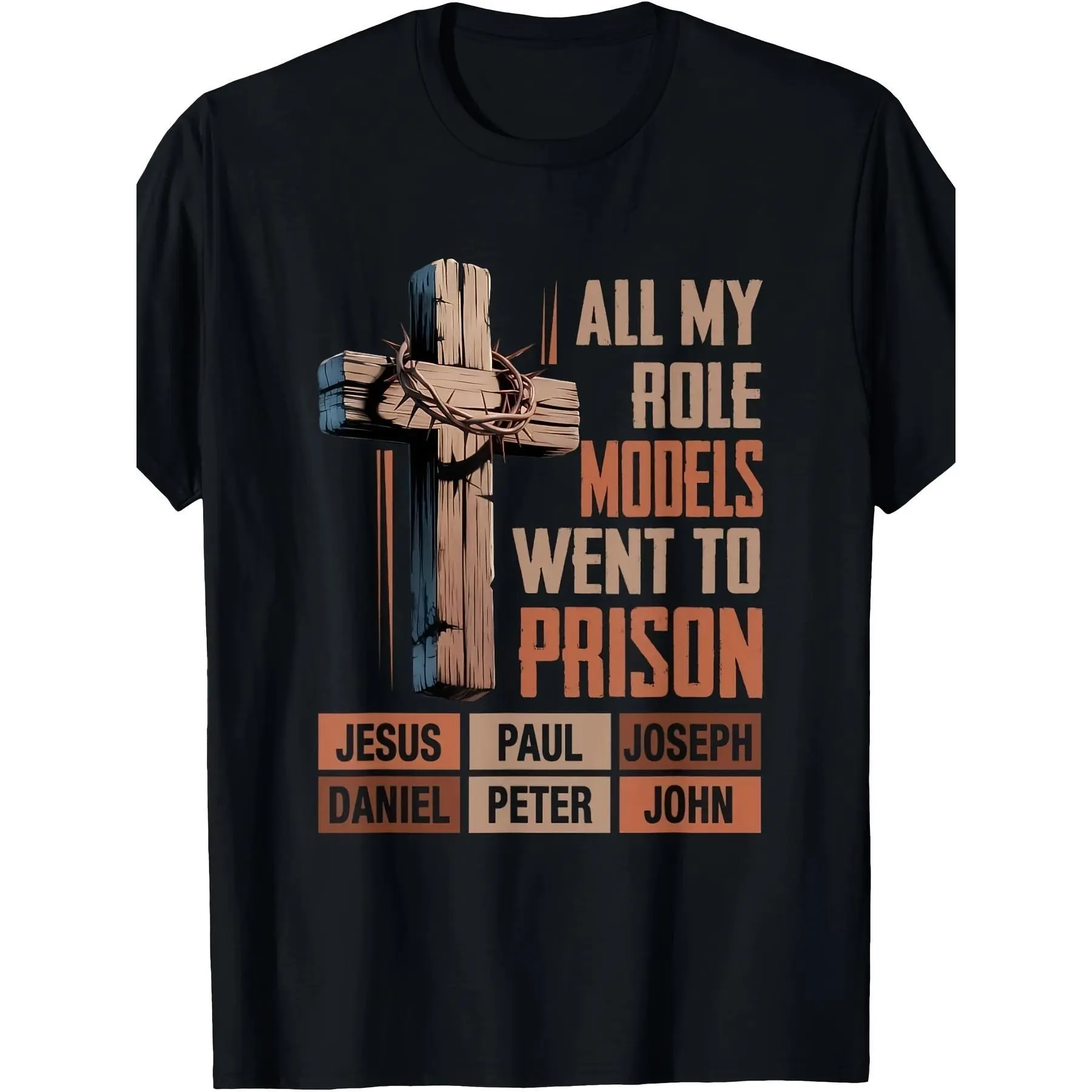 Menswear Graphic Round Neck Black-Shirt Tee - "All My Role Models Went To Prison" Vintage Cross Faith Cotton Crewneck, Christian Religious Casual Short Sleeve Faith Gift Daily Outfit, All Seasons
