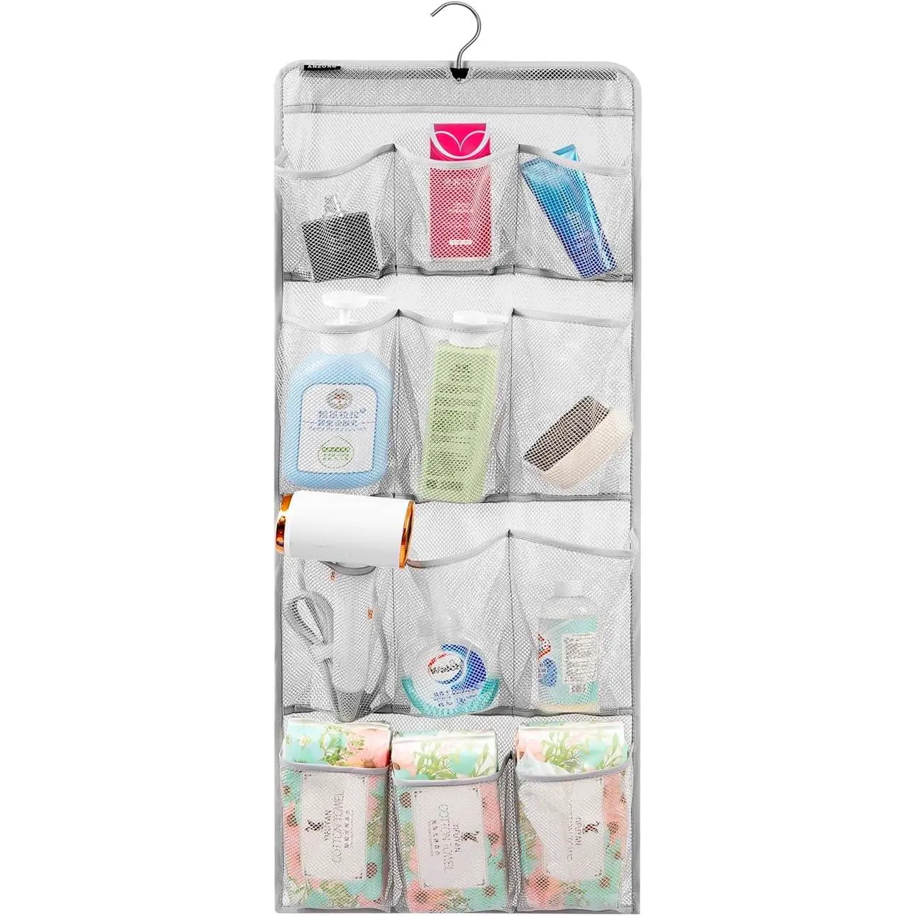 Cream Mesh Hanging Shower Caddy - 12 Pockets, Rotating Hanger, Quick Dry, Space Saving, Travel Storage for Toiletry Accessories, Bathroom Laundry Home Supply, Space Saving Organizer