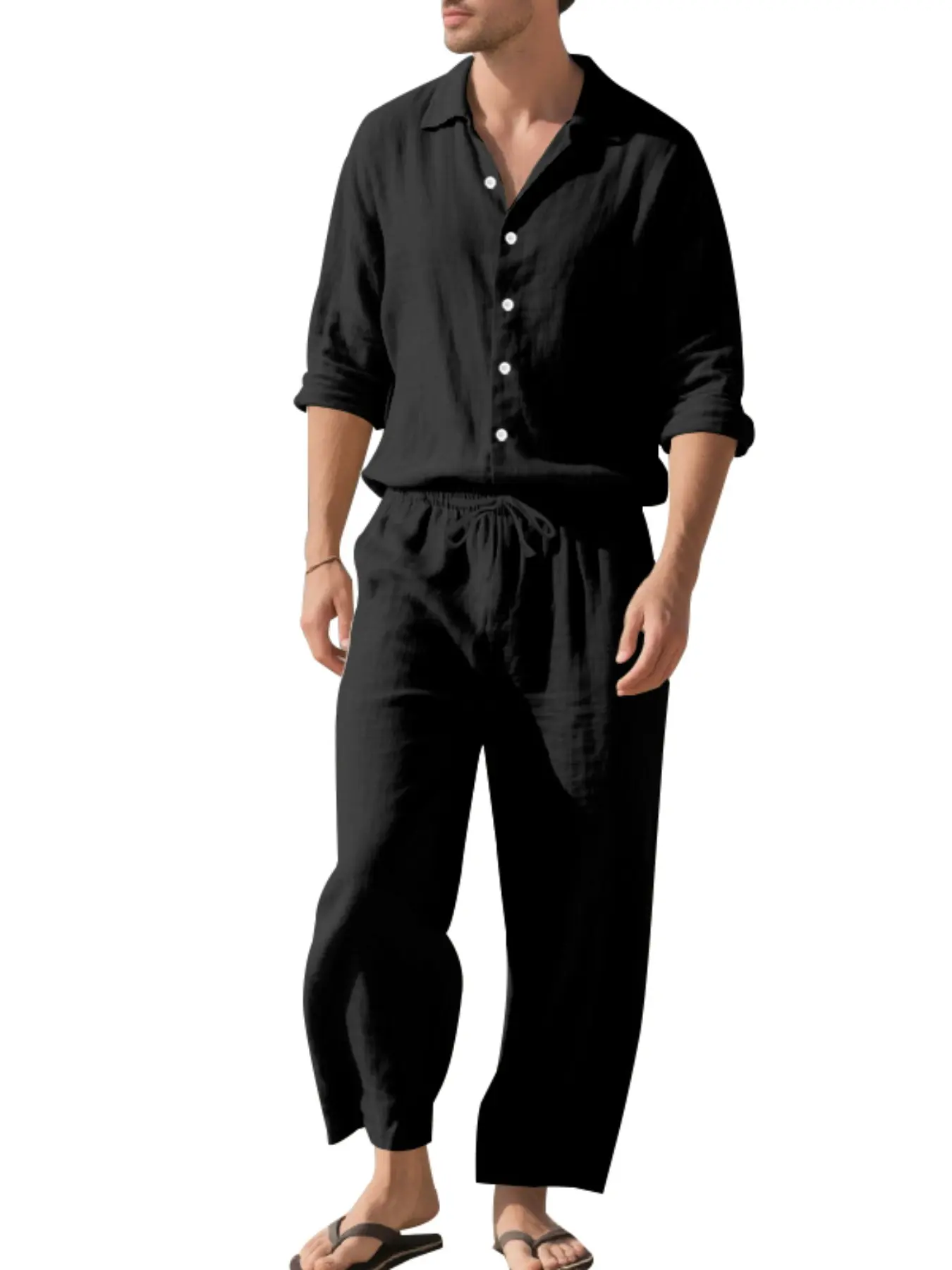 2-piece men's linen casual suit, long-sleeved shirt and long pants set. A fashionable daily comfort outfit suitable for outdoor, beach and casual outings. Men's clothing.
