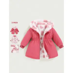 2pcs/Set Reversible Baby Girls Thick Fleece Plaid Hooded Long Coat, Casual Warm Outerwear For Autumn/Winter