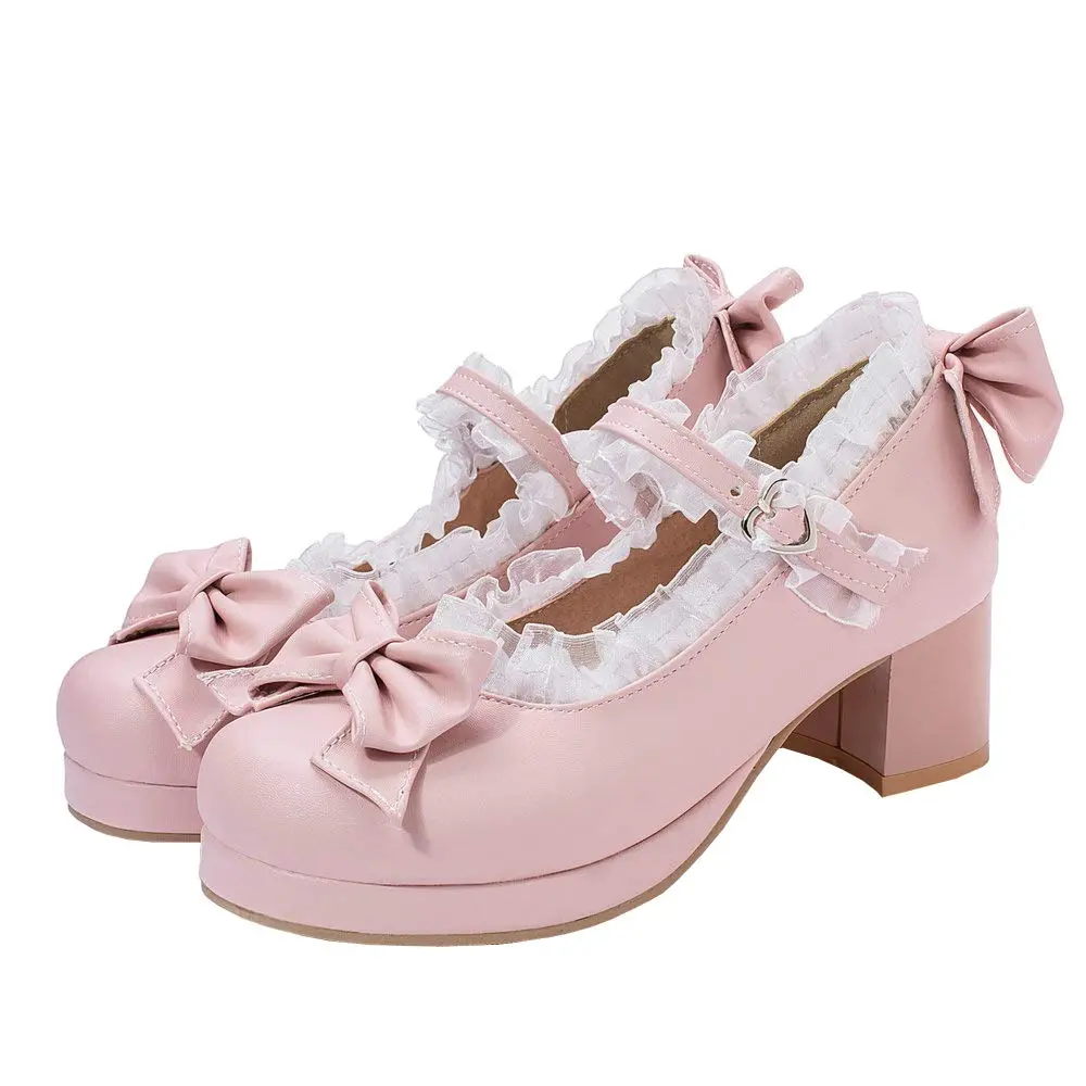 Women's Fashion Mary Janes - Kawaii Mid-Block Heel Pumps with Bow Platform, Rubber Sole, Synthetic Material, Cute Sweet Party Shoes