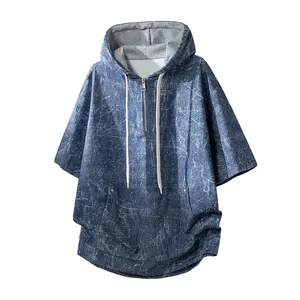Retro washed denim hooded half-zip short-sleeve top for summer, loose oversized fit from a trendy brand, versatile piece made from breathable, skin-friendly fabric; unisex design suitable for students and couples, ideal for everyday wear. summervibes