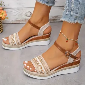 Chic Women's Platform Wedge Sandals - Buckle Closure, Solid Color, Open Toe, Soft Fabric Upper, Breathable Fabric Insole, Durable Rubber Sole, Mid Heel Height for Comfort - Hand Wash or Dry Clean for Easy Maintenance